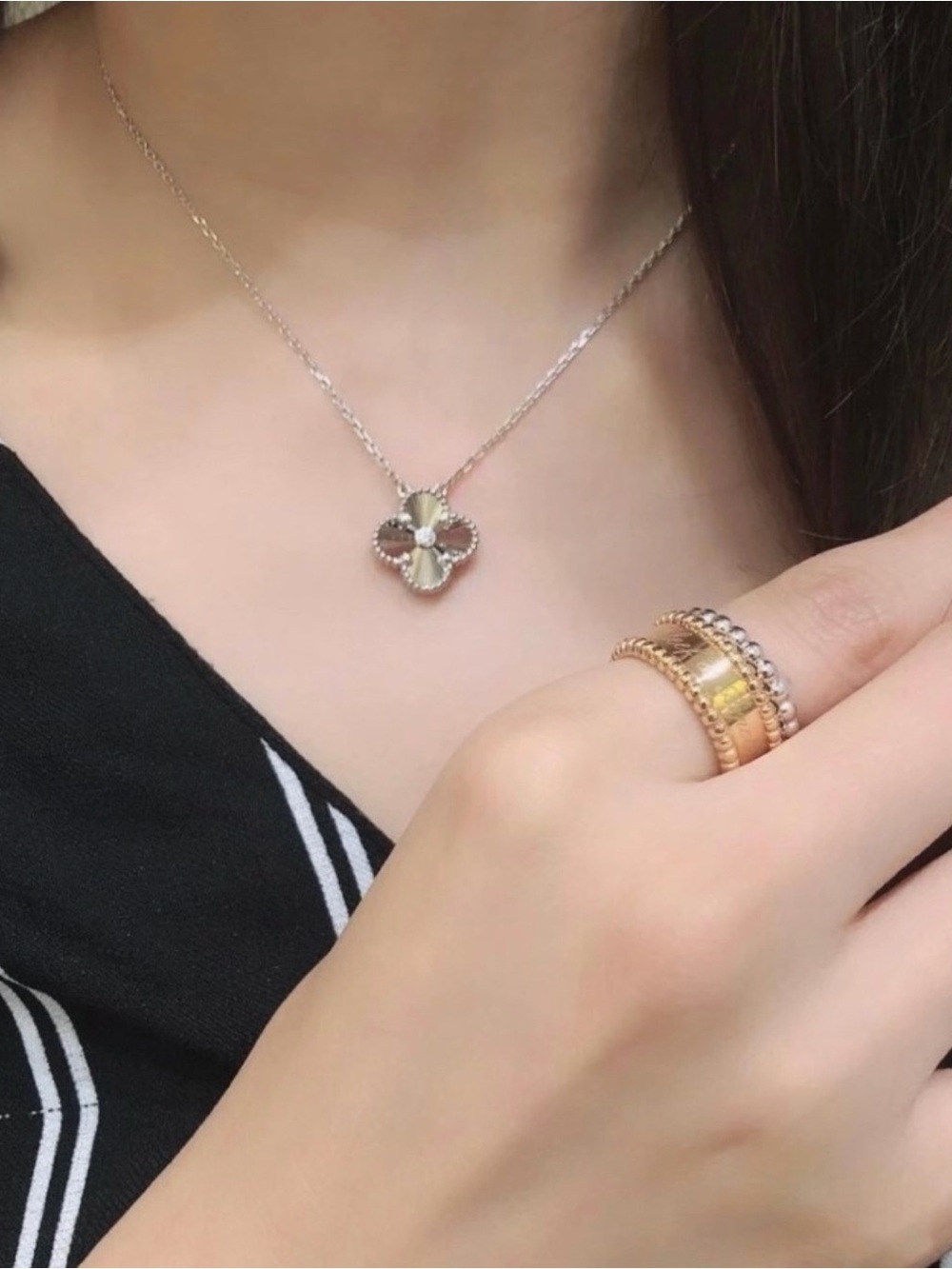 Silver Four-Leaf Clover Pendant Necklace - Green Accent